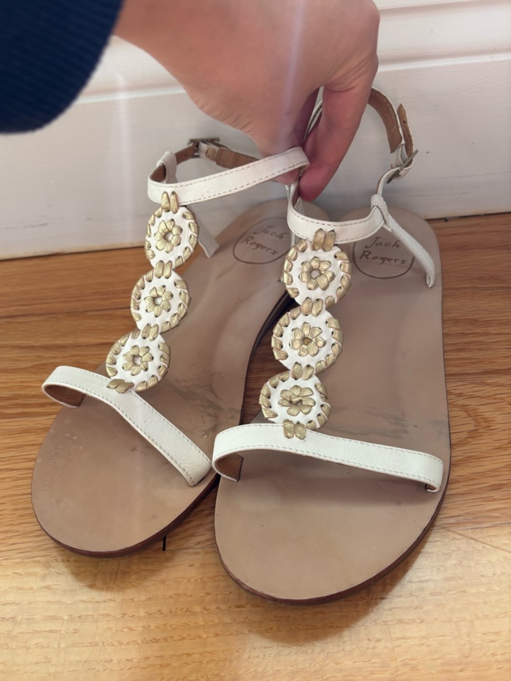 Jack Rogers White Leather T-Strap Sandals with Gold Accents